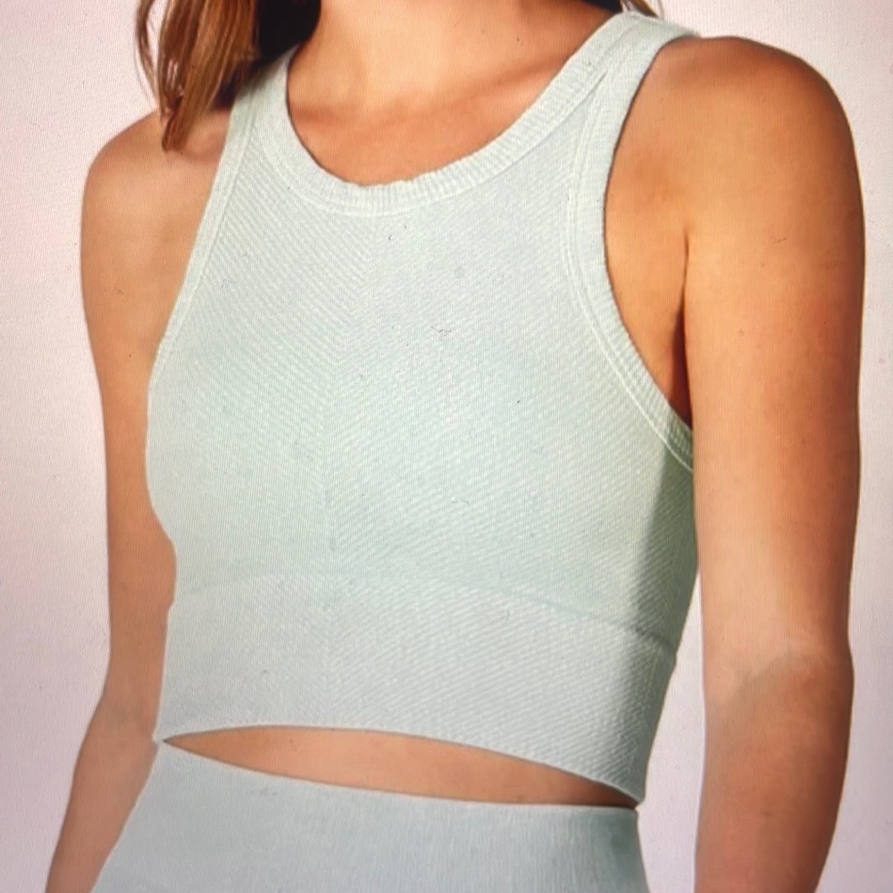 Vintage Sky Ribbed Chevron High Neck Crop Nikki Bikki